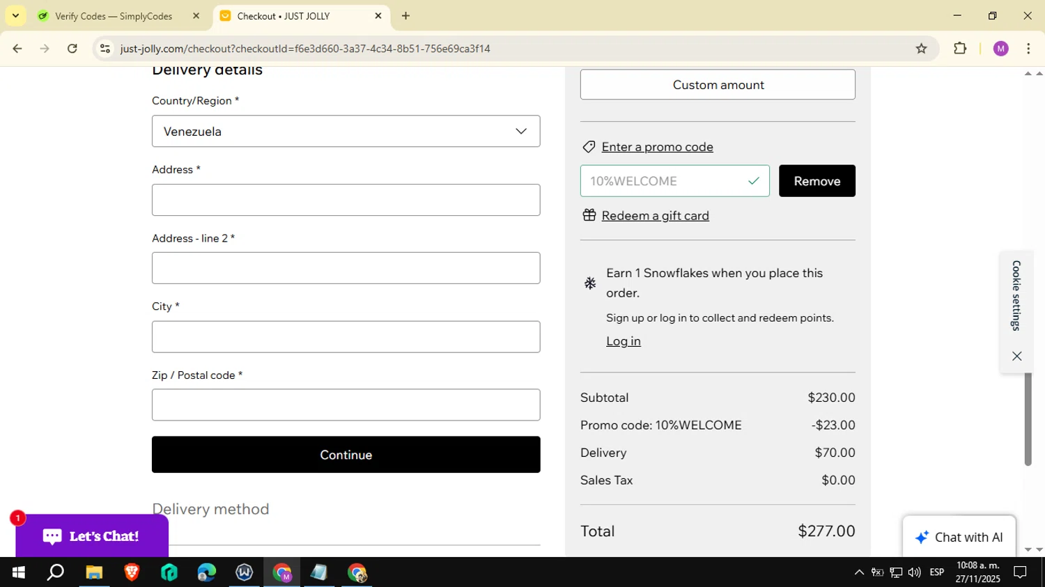 JUST JOLLY promo code screenshot showing code 10%WELCOME applied at JUST JOLLY checkout page. Uploaded by SimplyCodes community member NobleSeeker3177 on Nov 27, 2025