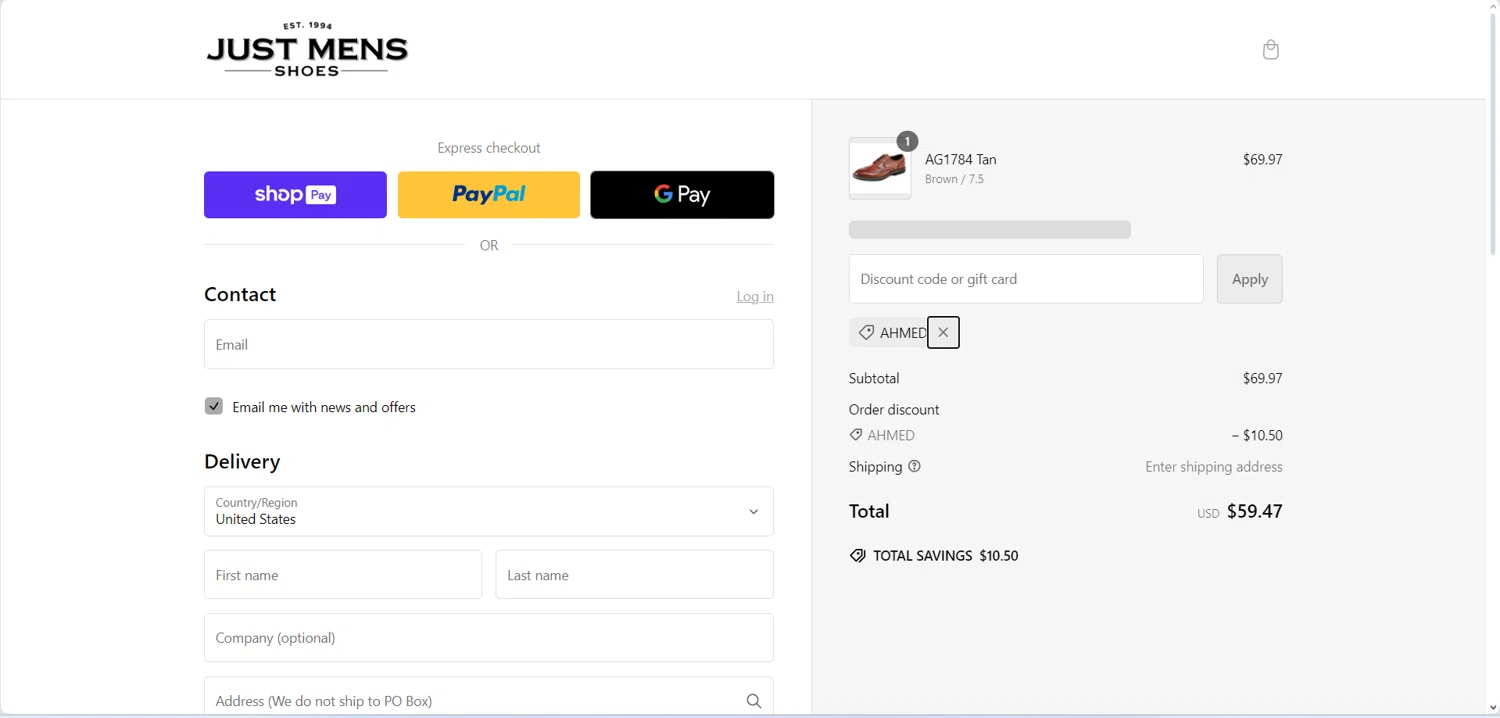 where to use Just Men's Shoes promo code box