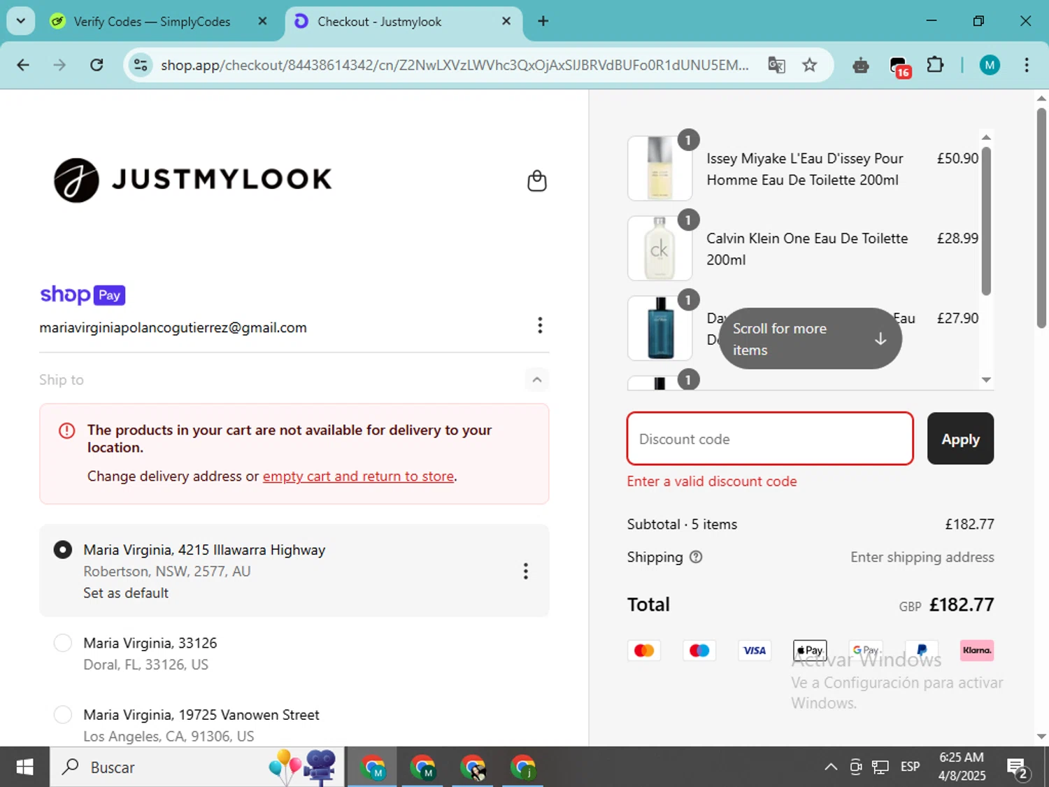Justmylook promo code screenshot showing code FRAGRANCE5 applied at Justmylook checkout page. Uploaded by SimplyCodes community member estrellaveloz on Apr 8, 2025