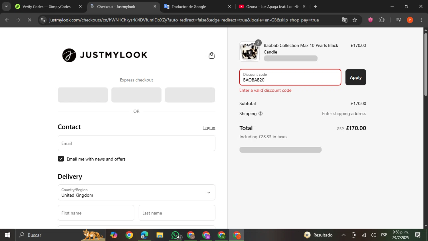 Justmylook promo code screenshot showing code BAOBAB20 applied at Justmylook checkout page. Uploaded by SimplyCodes community member VictoriousCaptain2658 on Jul 30, 2025