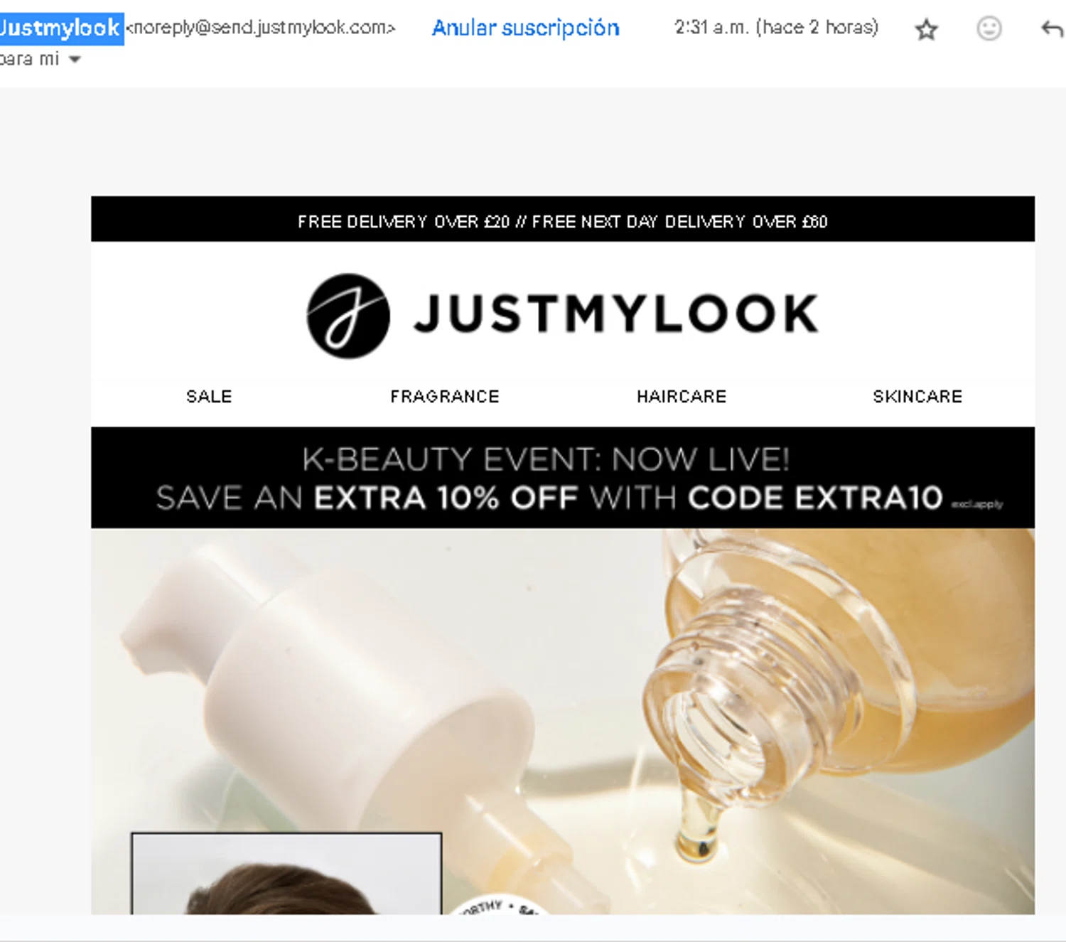 Justmylook promo code screenshot showing code EXTRA10 applied at Justmylook checkout page. Uploaded by SimplyCodes community member ParisSmith on May 8, 2025
