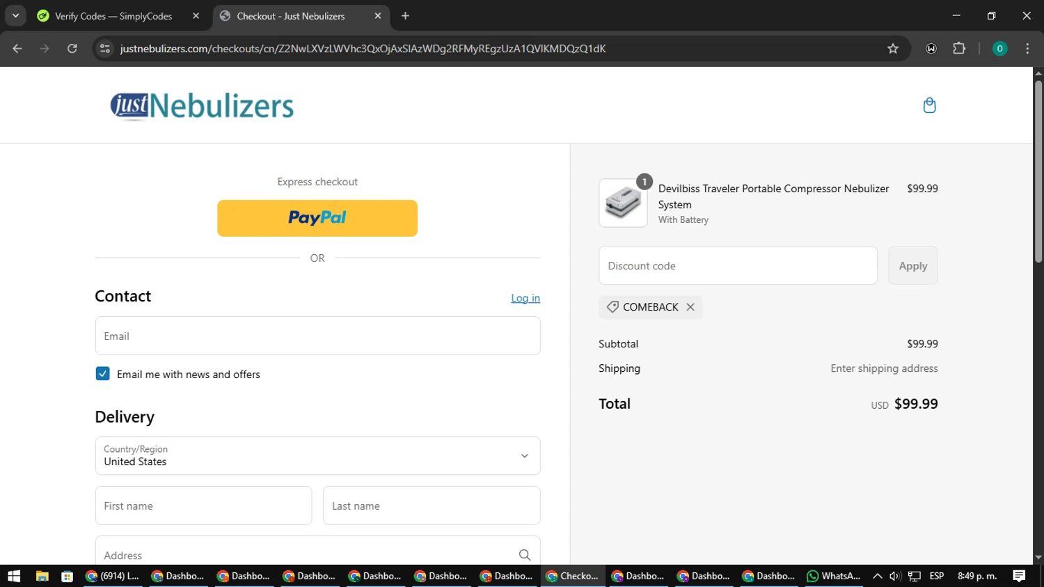 Just Nebulizers discount code screenshot showing code COMEBACK applied at Just Nebulizers checkout page. Uploaded by SimplyCodes community member LuckyDefender9428 on Mar 12, 2025