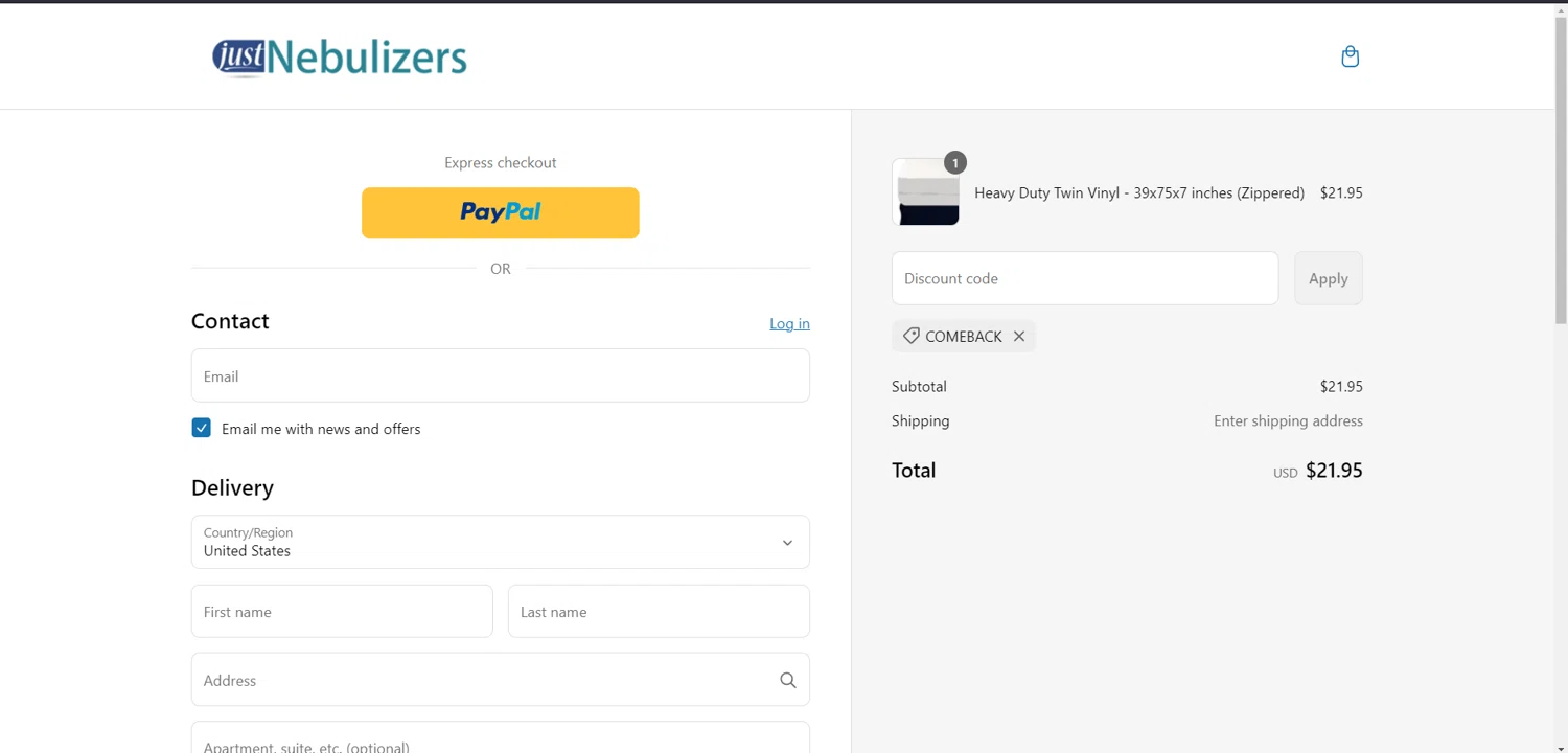 Just Nebulizers discount code screenshot showing code COMEBACK applied at Just Nebulizers checkout page. Uploaded by SimplyCodes community member kaiserser on Mar 12, 2025