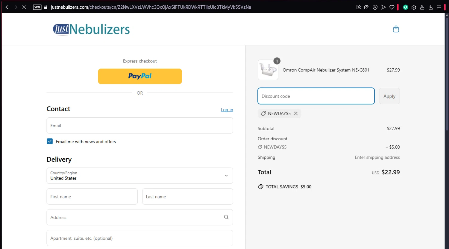 Just Nebulizers discount code screenshot showing code NEWDAY$5 applied at Just Nebulizers checkout page. Uploaded by SimplyCodes community member ronaldacunajr13 on Apr 1, 2025