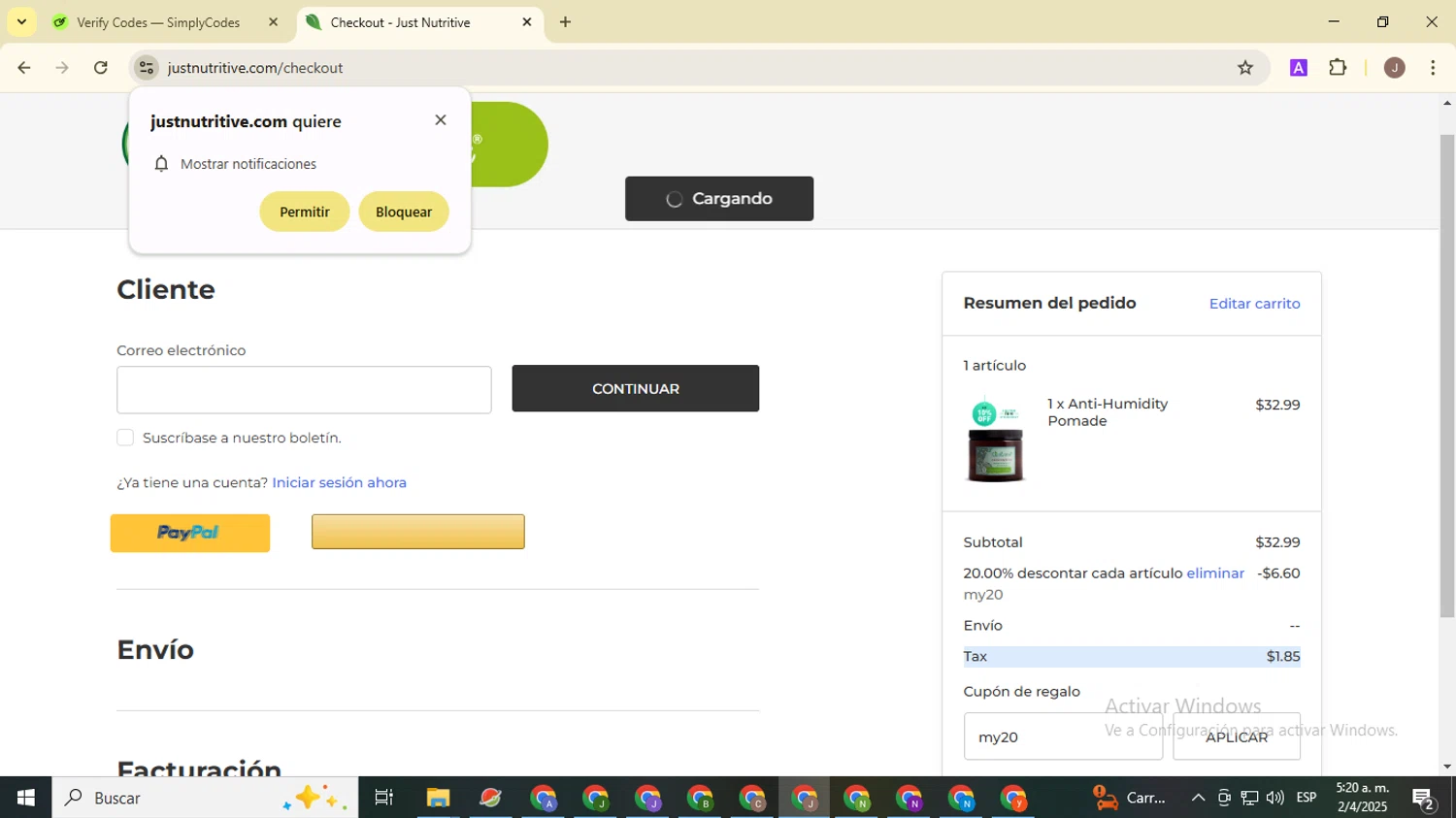 Just Nutritive coupon code screenshot showing code my20 applied at Just Nutritive checkout page. Uploaded by SimplyCodes community member ValiantHero2365 on Apr 2, 2025
