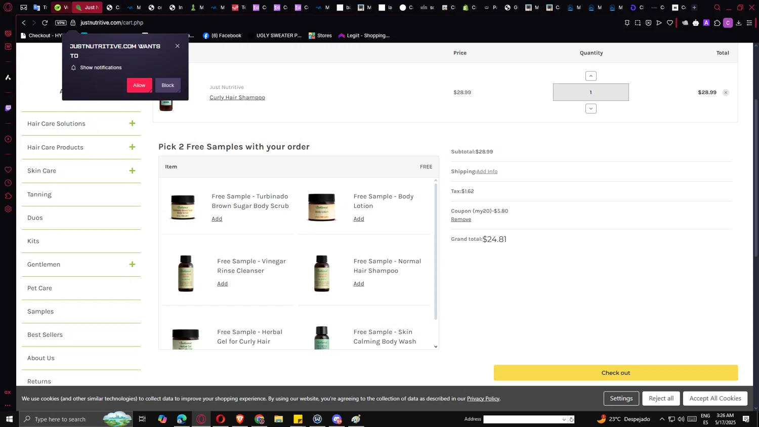 Just Nutritive coupon code screenshot showing code my20 applied at Just Nutritive checkout page. Uploaded by SimplyCodes community member ricardoramirez1 on May 17, 2025