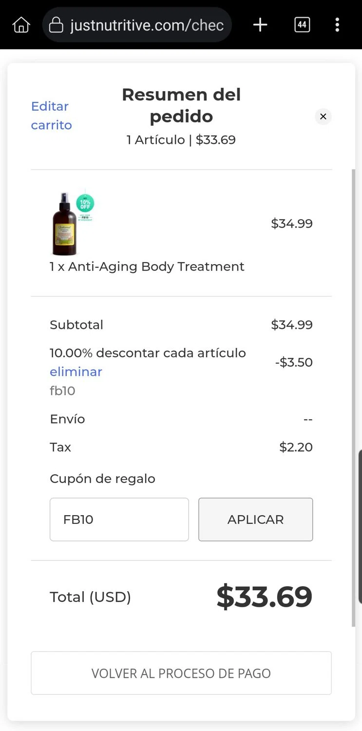 Just Nutritive coupon code screenshot showing code FB10 applied at Just Nutritive checkout page. Uploaded by SimplyCodes community member Carloslvz on Jun 1, 2025