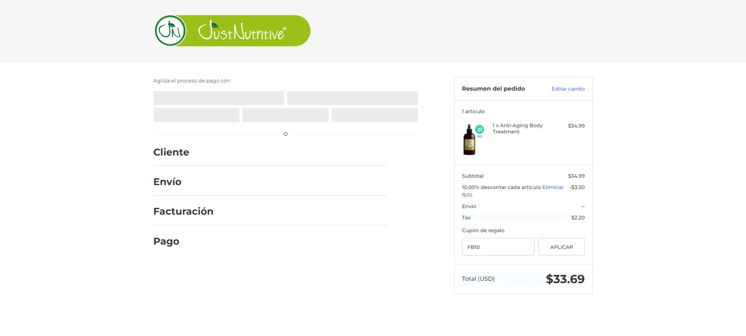 Just Nutritive coupon code screenshot showing code FB10 applied at Just Nutritive checkout page. Uploaded by SimplyCodes community member CashSentinel5495 on Oct 27, 2025