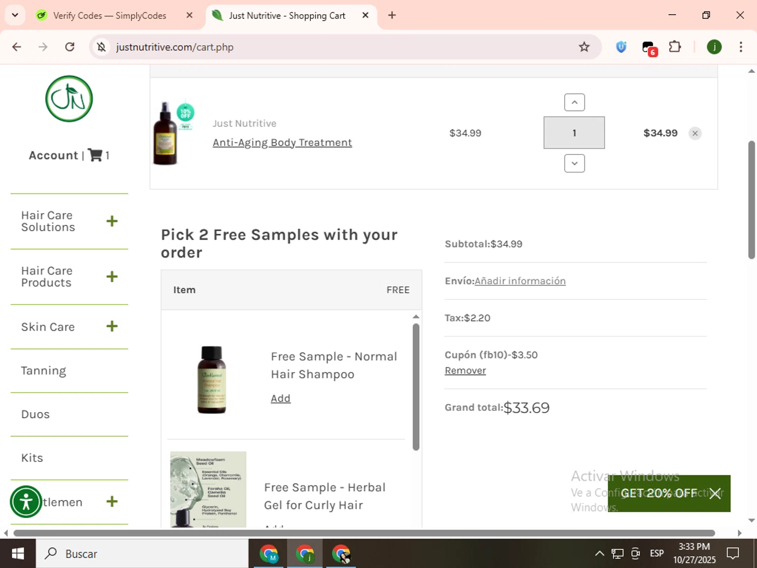 Just Nutritive coupon code screenshot showing code FB10 applied at Just Nutritive checkout page. Uploaded by SimplyCodes community member SavingsCollector2592 on Oct 27, 2025
