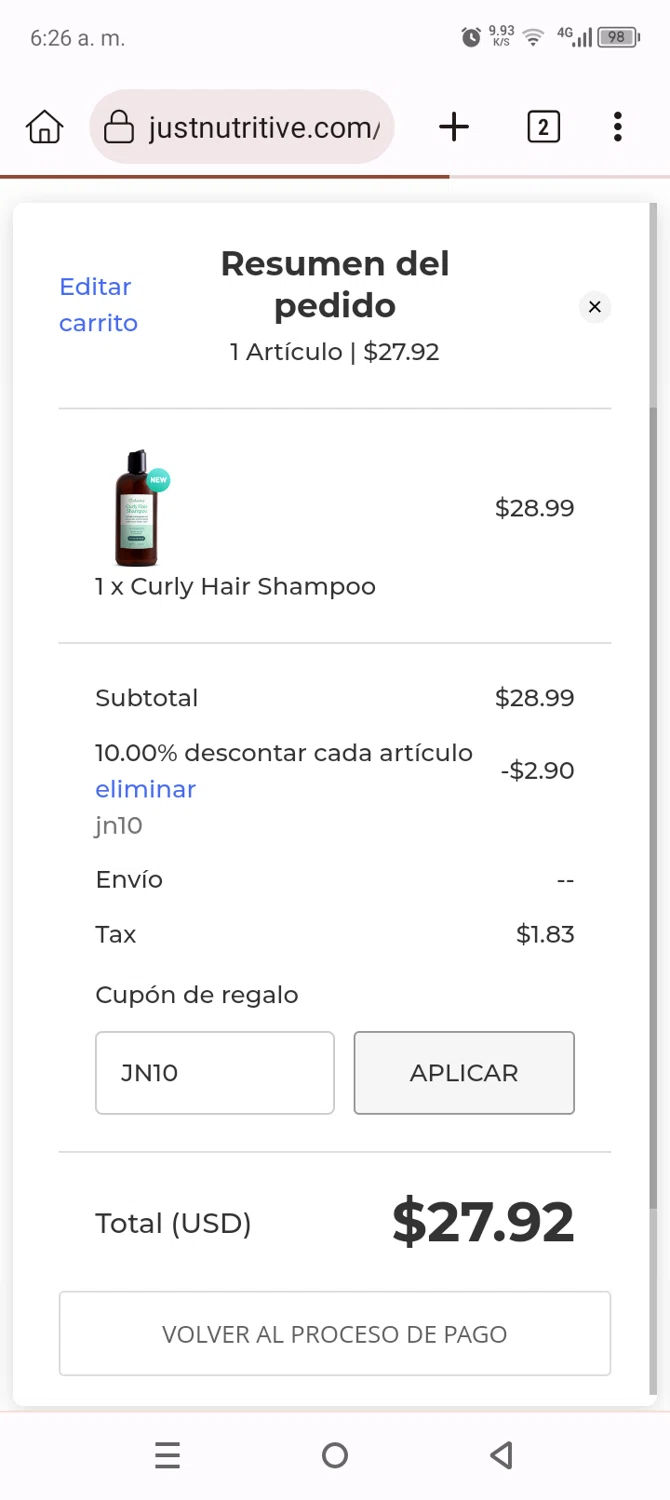 Just Nutritive coupon code screenshot showing code JN10 applied at Just Nutritive checkout page. Uploaded by SimplyCodes community member Anthony_Diaz on May 17, 2025