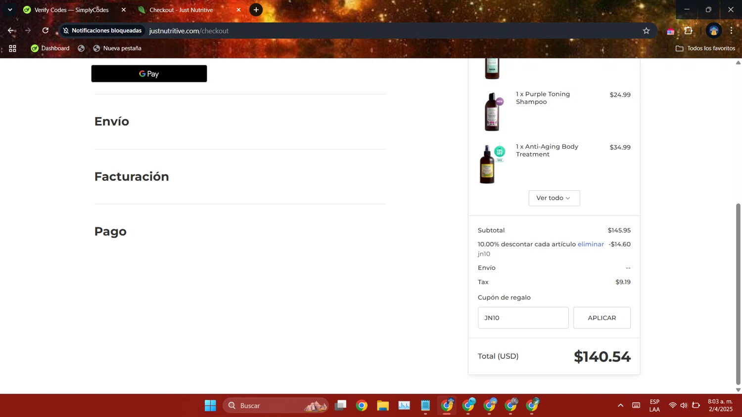 Just Nutritive coupon code screenshot showing code JN10 applied at Just Nutritive checkout page. Uploaded by SimplyCodes community member CleverEagle4499 on Apr 2, 2025
