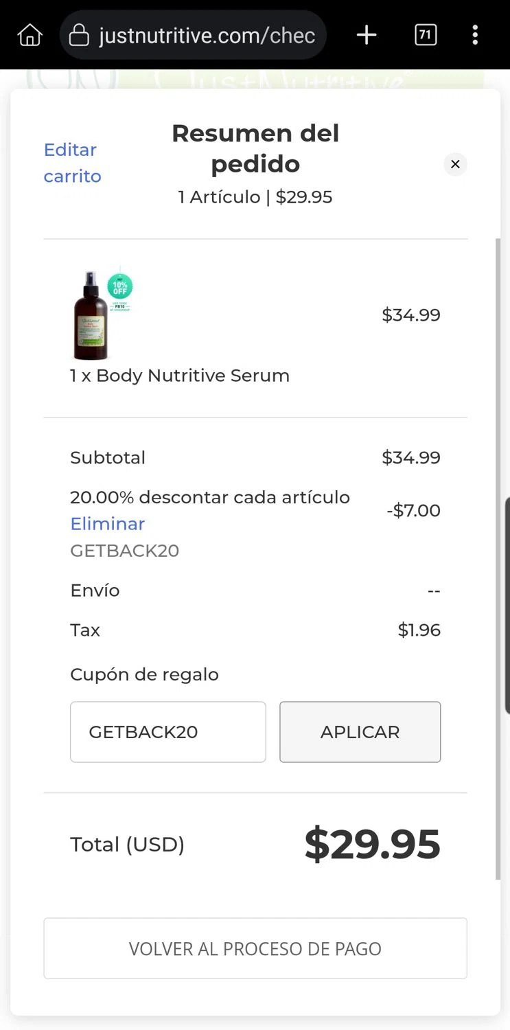 Just Nutritive coupon code screenshot showing code GETBACK20 applied at Just Nutritive checkout page. Uploaded by SimplyCodes community member Carloslvz on Sep 24, 2025
