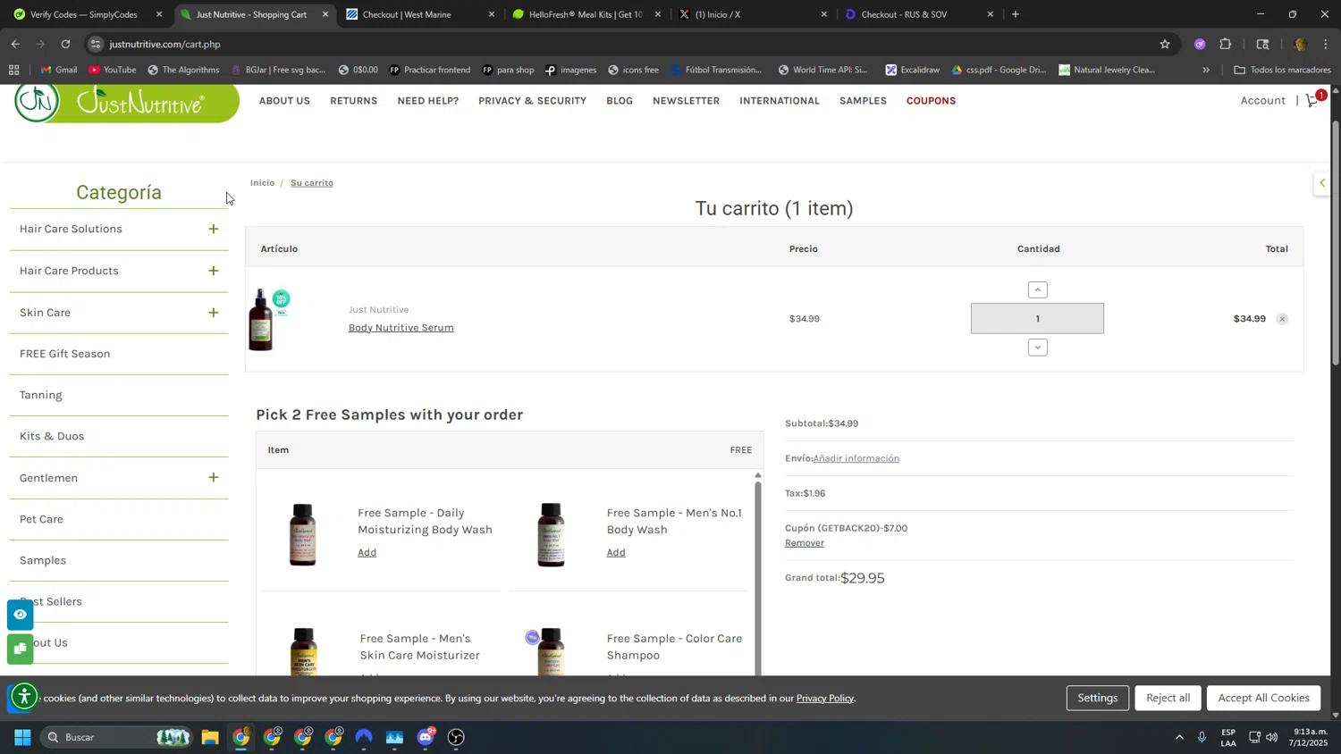 Just Nutritive coupon code screenshot showing code GETBACK20 applied at Just Nutritive checkout page. Uploaded by SimplyCodes community member kakakakakka on Dec 7, 2025
