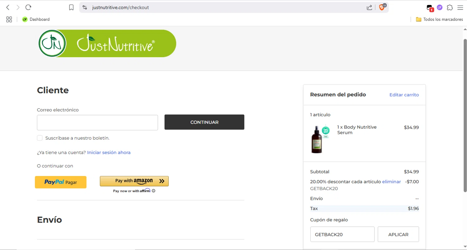 Just Nutritive coupon code screenshot showing code GETBACK20 applied at Just Nutritive checkout page. Uploaded by SimplyCodes community member FrugalFox6593 on May 17, 2025