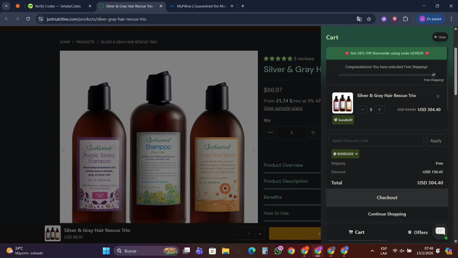 Just Nutritive checkout page showing Just Nutritive coupon code box | Screenshot taken by SimplyCodes community member on Feb 13, 2026