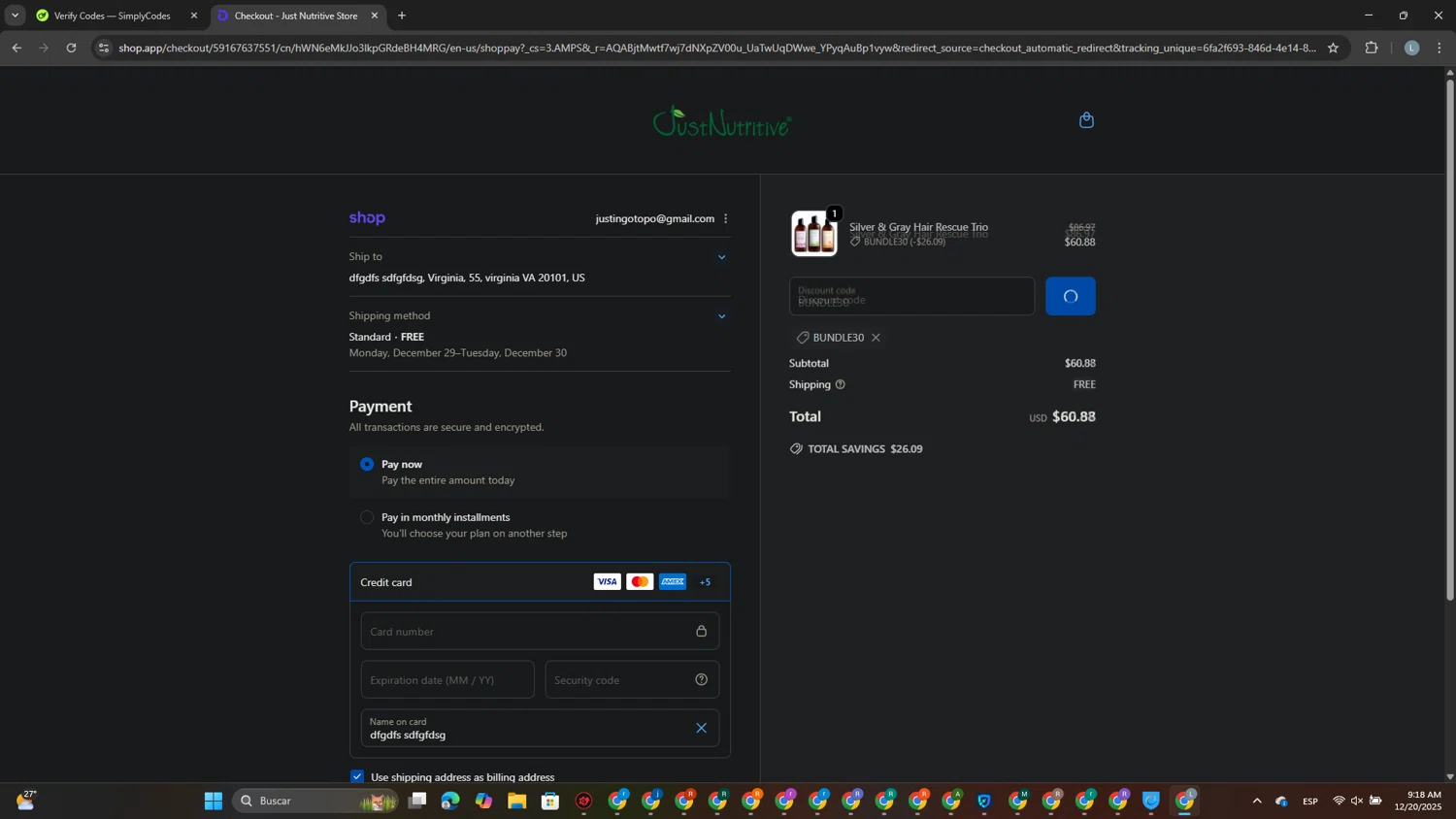 Just Nutritive coupon code screenshot showing code BUNDLE30 applied at Just Nutritive checkout page. Uploaded by SimplyCodes community member USERR1 on Dec 20, 2025