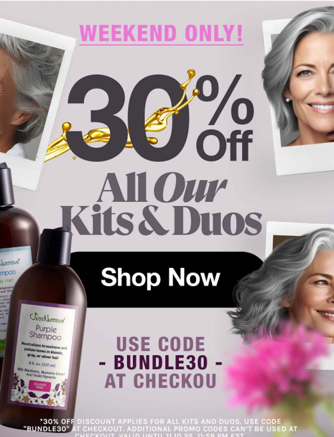 Just Nutritive coupon code screenshot showing code BUNDLE30 applied at Just Nutritive checkout page. Uploaded by SimplyCodes community member valeriaantonieta on Nov 6, 2025