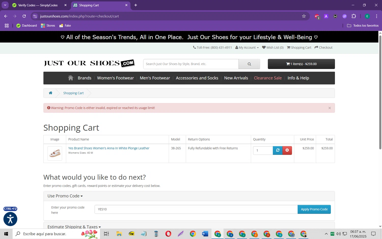 Just Our Shoes promo code screenshot showing code YES10 applied at Just Our Shoes checkout page. Uploaded by SimplyCodes community member RebateScholar429 on Jun 17, 2025
