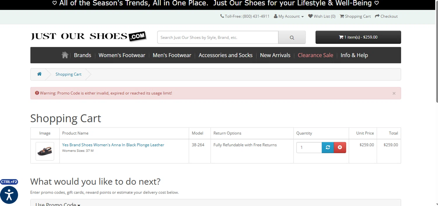 Just Our Shoes promo code screenshot showing code YES10 applied at Just Our Shoes checkout page. Uploaded by SimplyCodes community member SmartLion6283 on Jun 17, 2025