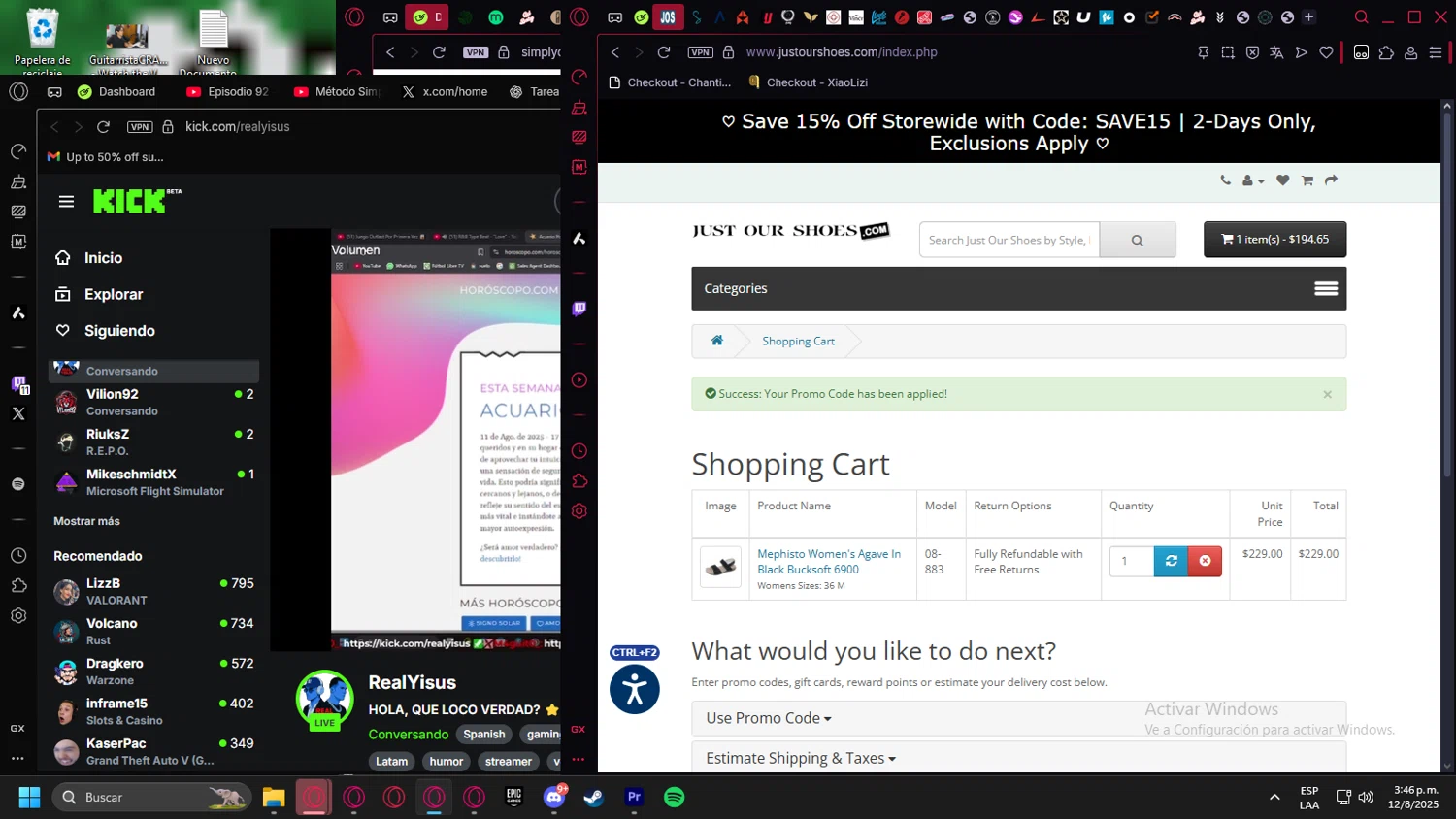 Just Our Shoes promo code screenshot showing code SAVE15 applied at Just Our Shoes checkout page. Uploaded by SimplyCodes community member Halanweik on Aug 12, 2025