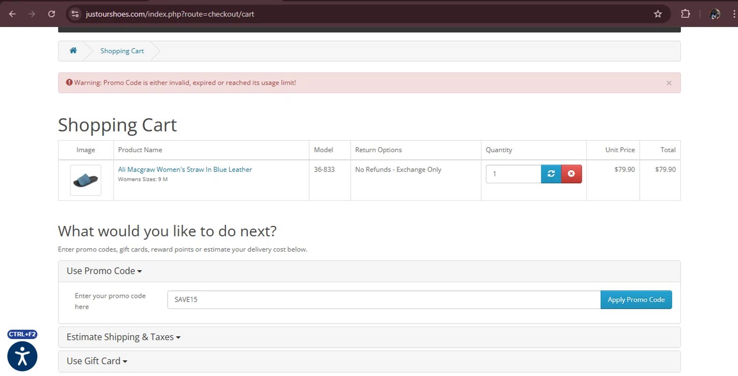 Just Our Shoes promo code screenshot showing code SAVE15 applied at Just Our Shoes checkout page. Uploaded by SimplyCodes community member MagnificentAdmiral9096 on Sep 10, 2025