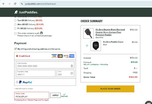 JustPaddles checkout page showing JustPaddles promo code box | Screenshot taken by SimplyCodes community member on Aug 21, 2025