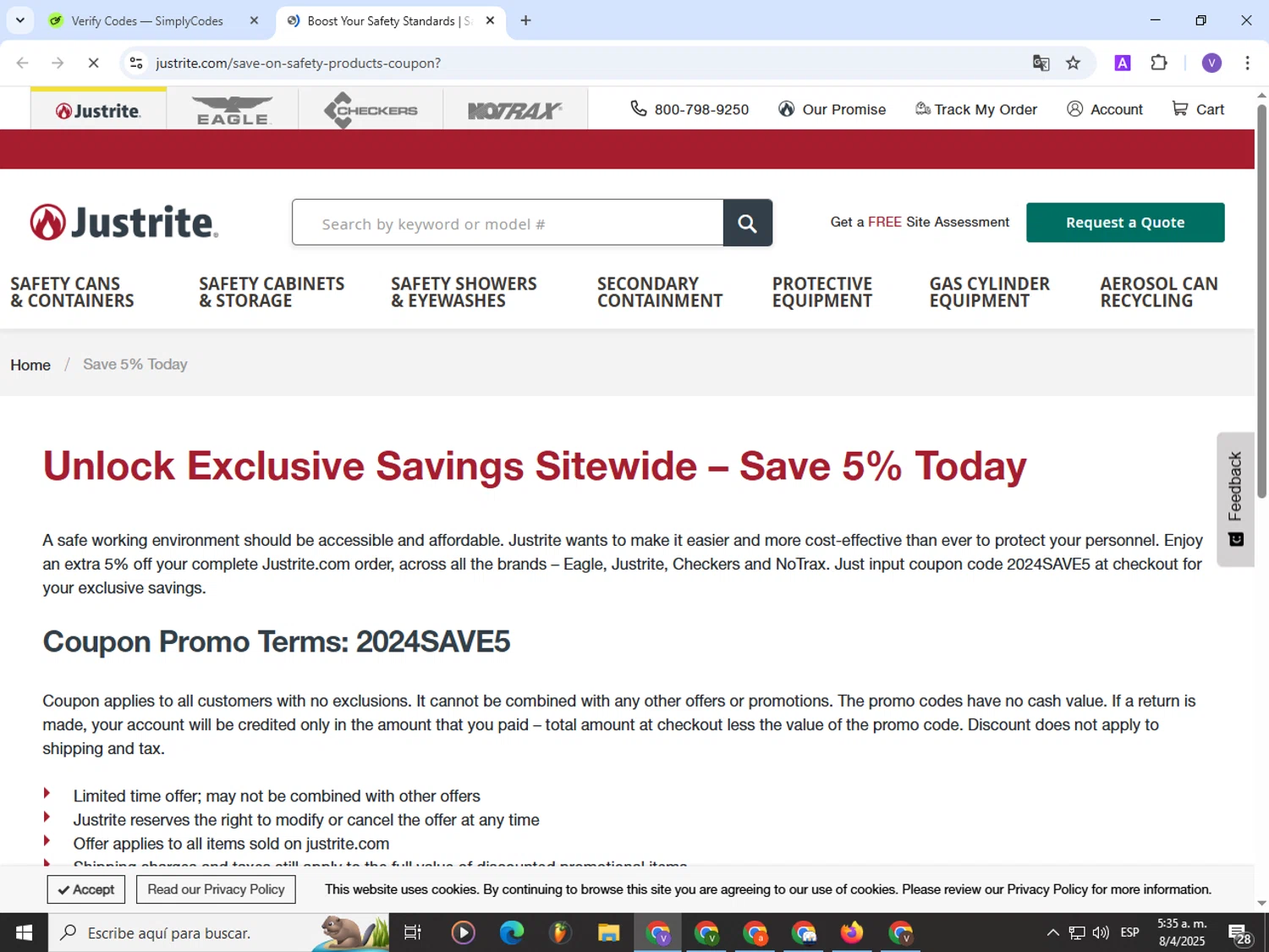 JustRite promo code screenshot showing code 2024SAVE5 applied at JustRite checkout page. Uploaded by SimplyCodes community member Satoru_gojo on Apr 8, 2025