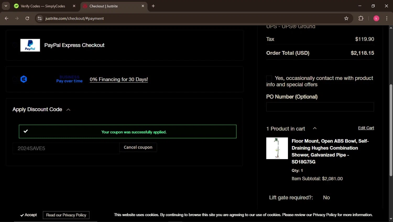 JustRite promo code screenshot showing code 2024SAVE5 applied at JustRite checkout page. Uploaded by SimplyCodes community member ValiantElite2270 on Mar 30, 2025