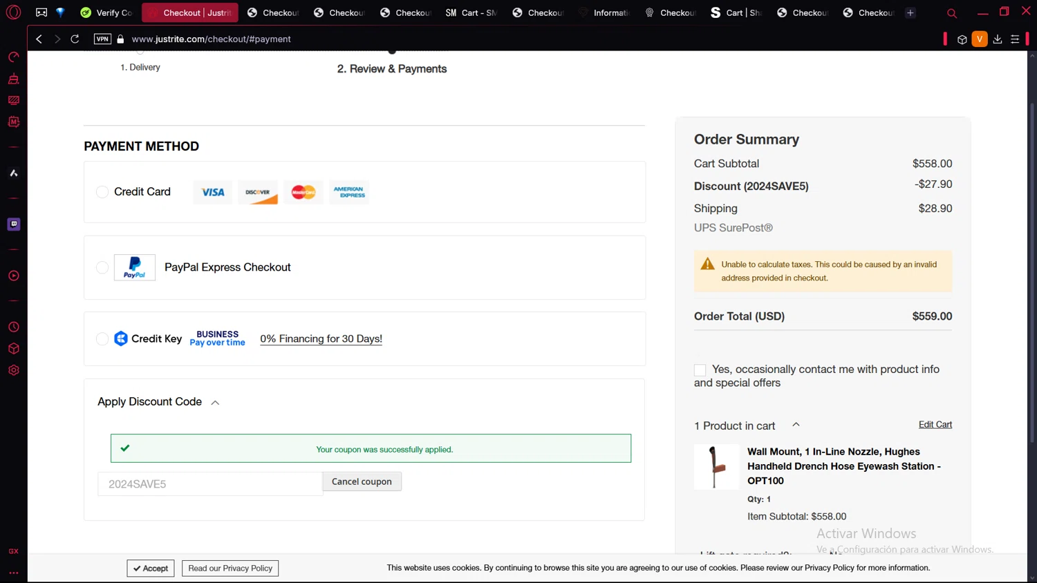 JustRite promo code screenshot showing code 2024SAVE5 applied at JustRite checkout page. Uploaded by SimplyCodes community member BrilliantLion4485 on Mar 30, 2025