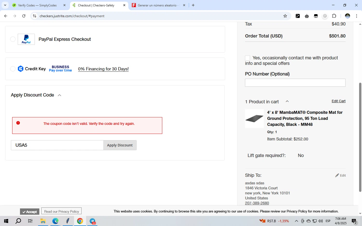 JustRite promo code screenshot showing code USA5 applied at JustRite checkout page. Uploaded by SimplyCodes community member GloriousWizard5474 on Apr 8, 2025