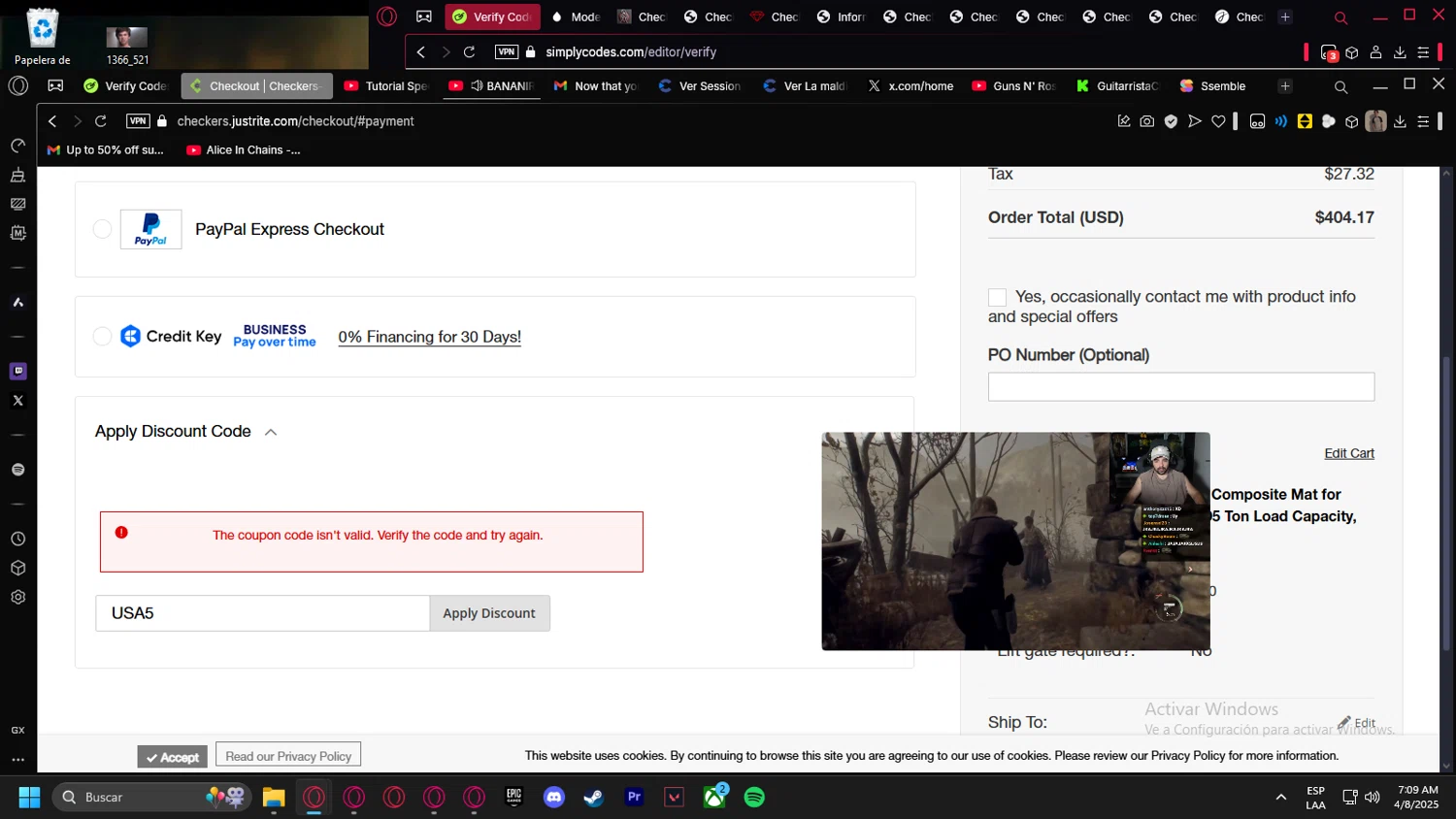 JustRite promo code screenshot showing code USA5 applied at JustRite checkout page. Uploaded by SimplyCodes community member kurcovein on Apr 8, 2025