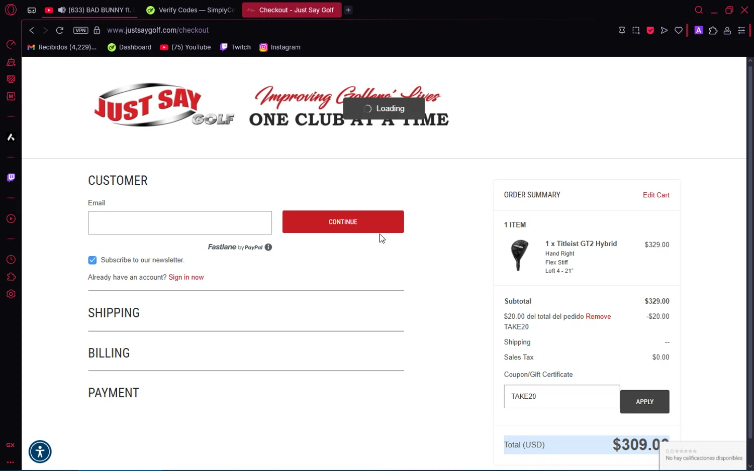 Just Say Golf promo code screenshot showing code TAKE20 applied at Just Say Golf checkout page. Uploaded by SimplyCodes community member VoucherAce8469 on Jun 28, 2025