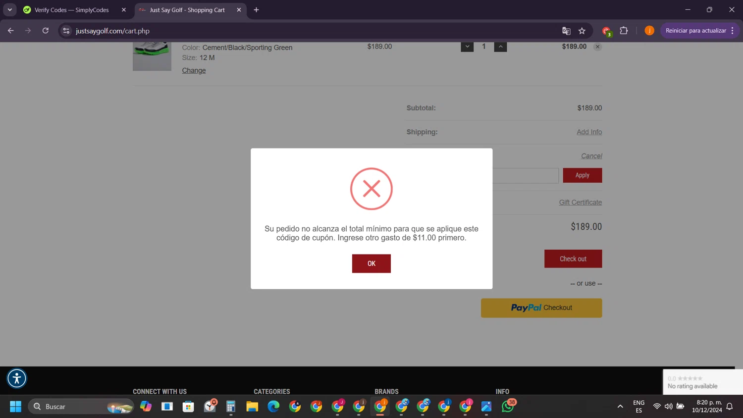 Just Say Golf checkout page showing Just Say Golf promo code box | Screenshot taken by SimplyCodes community member on Dec 11, 2024
