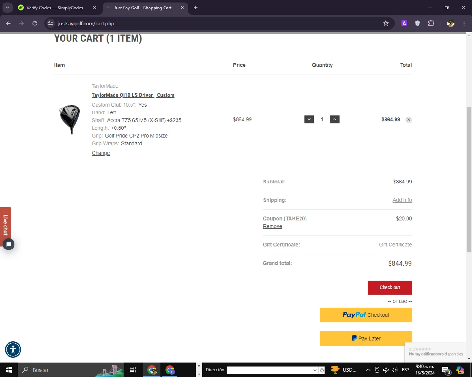 Just Say Golf checkout page showing Just Say Golf promo code box | Screenshot taken by SimplyCodes community member on May 16, 2024