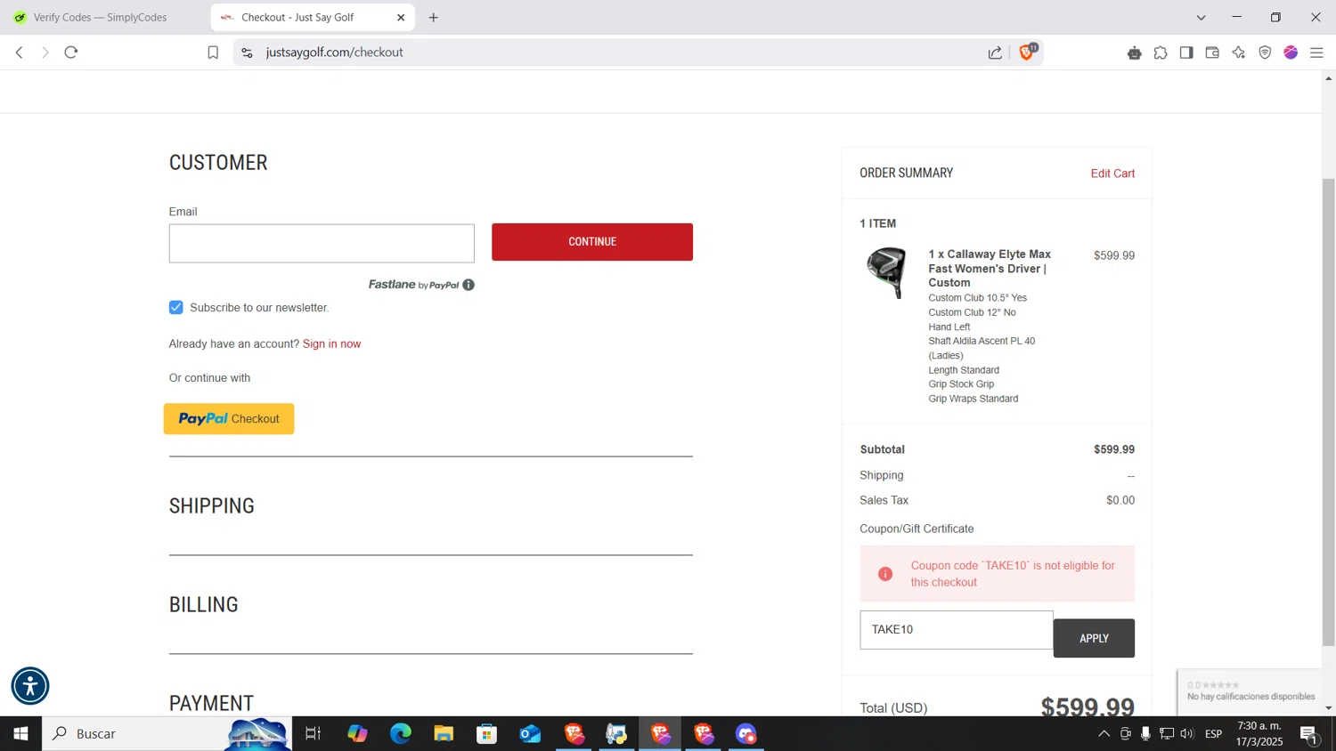 Just Say Golf promo code screenshot showing code TAKE10 applied at Just Say Golf checkout page. Uploaded by SimplyCodes community member AnthonyGTX on Mar 17, 2025