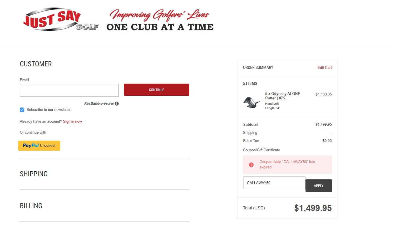 Just Say Golf promo code screenshot showing code CALLAWAY50 applied at Just Say Golf checkout page. Uploaded by SimplyCodes community member Kmacho on Jan 28, 2025