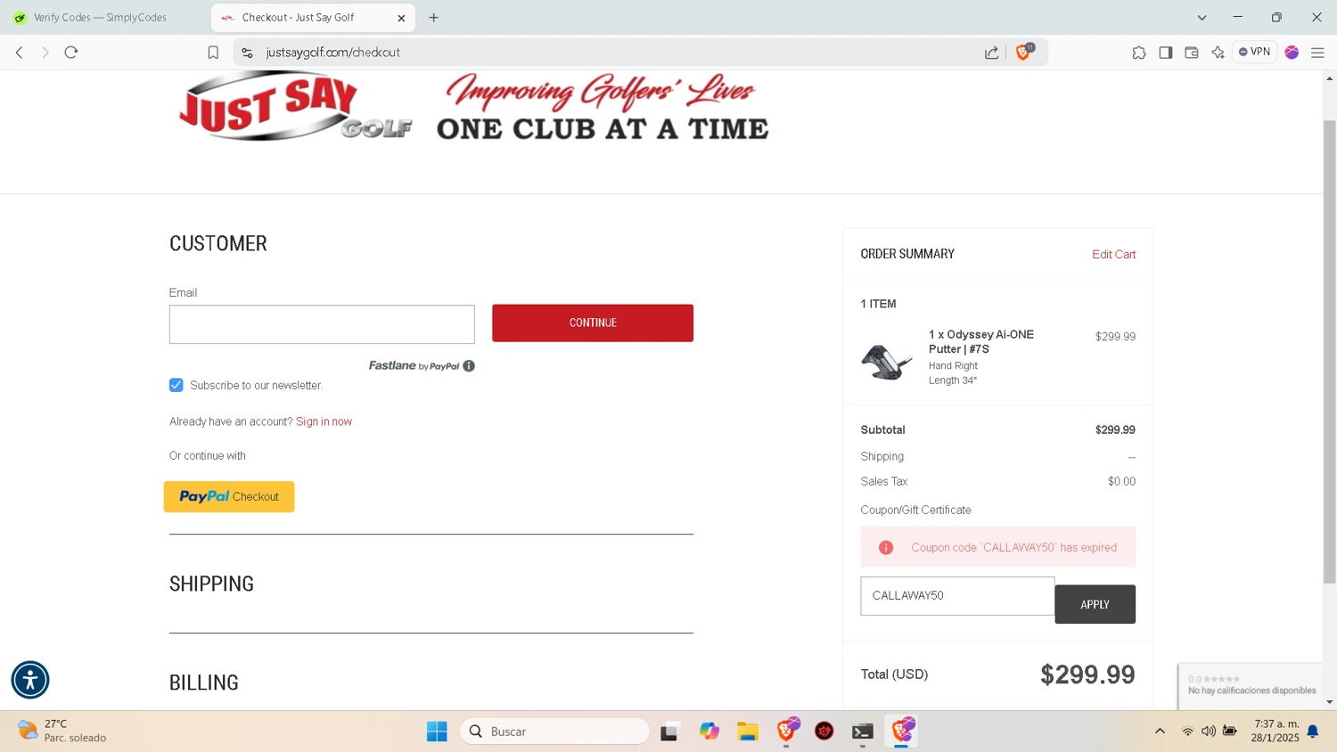 Just Say Golf promo code screenshot showing code CALLAWAY50 applied at Just Say Golf checkout page. Uploaded by SimplyCodes community member nabucodonosor on Jan 28, 2025
