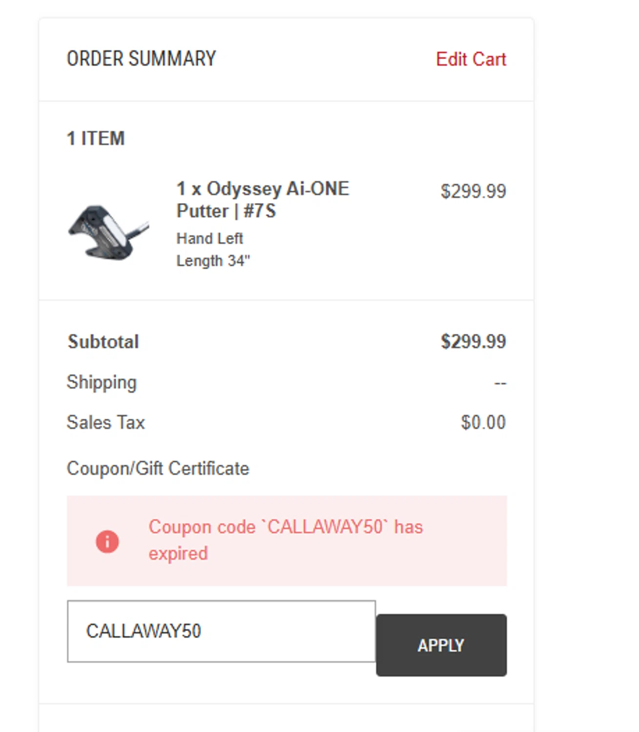 Just Say Golf promo code screenshot showing code CALLAWAY50 applied at Just Say Golf checkout page. Uploaded by SimplyCodes community member RewardCurator5232 on Jan 28, 2025