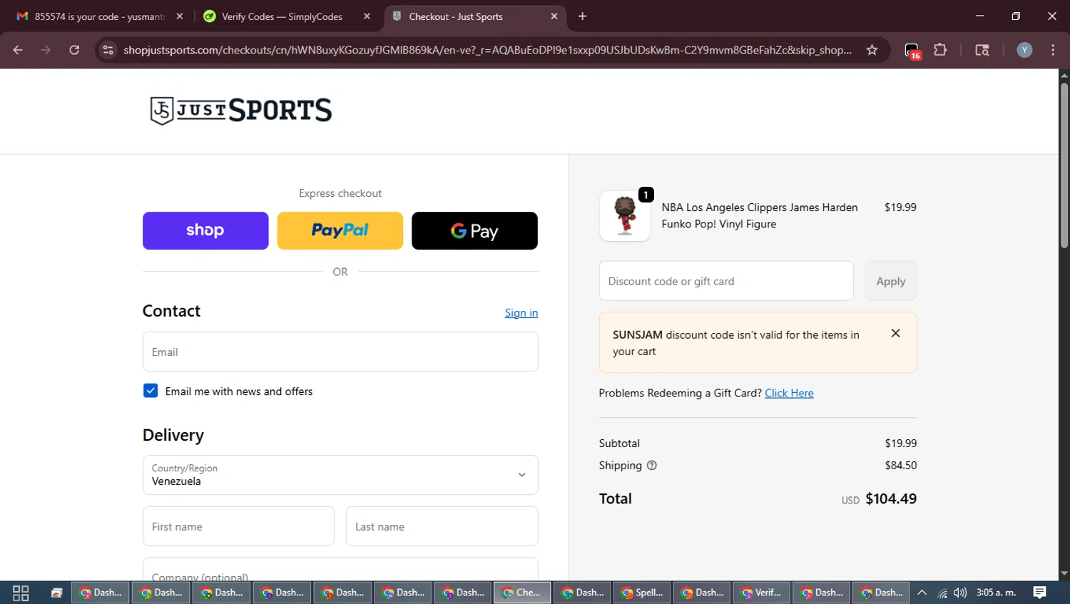 Just Sports promo code screenshot showing code SUNSJAM applied at Just Sports checkout page. Uploaded by SimplyCodes community member MoneyTiger5162 on Feb 18, 2026