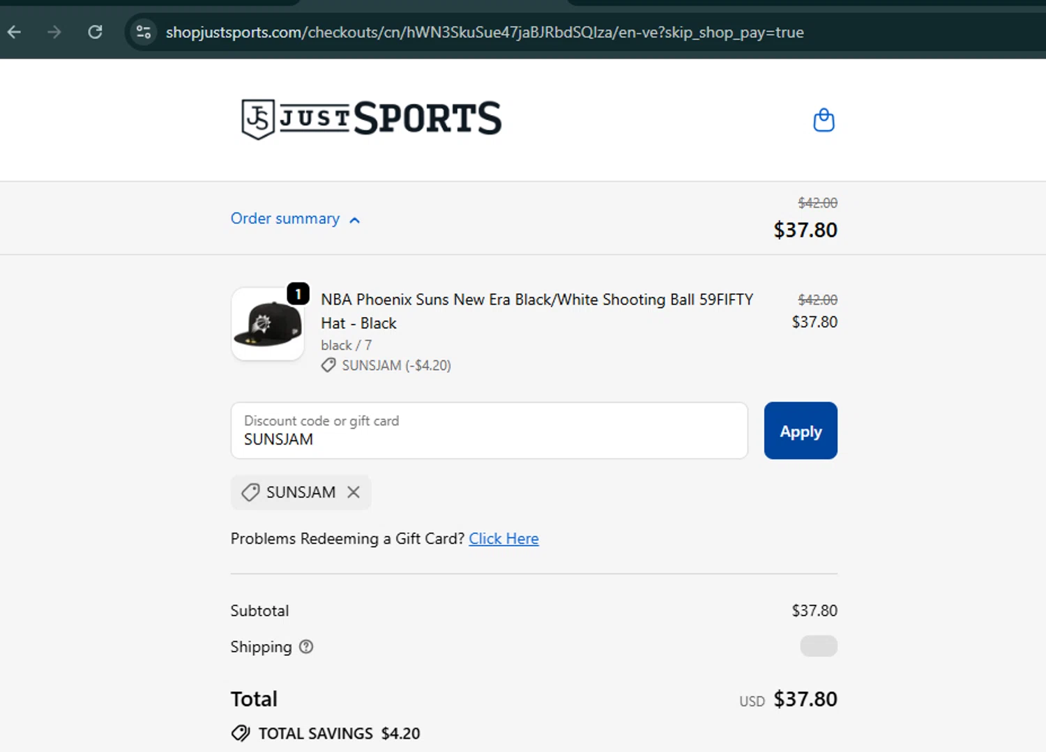 Just Sports promo code screenshot showing code SUNSJAM applied at Just Sports checkout page. Uploaded by SimplyCodes community member SalePro7215 on Sep 27, 2025