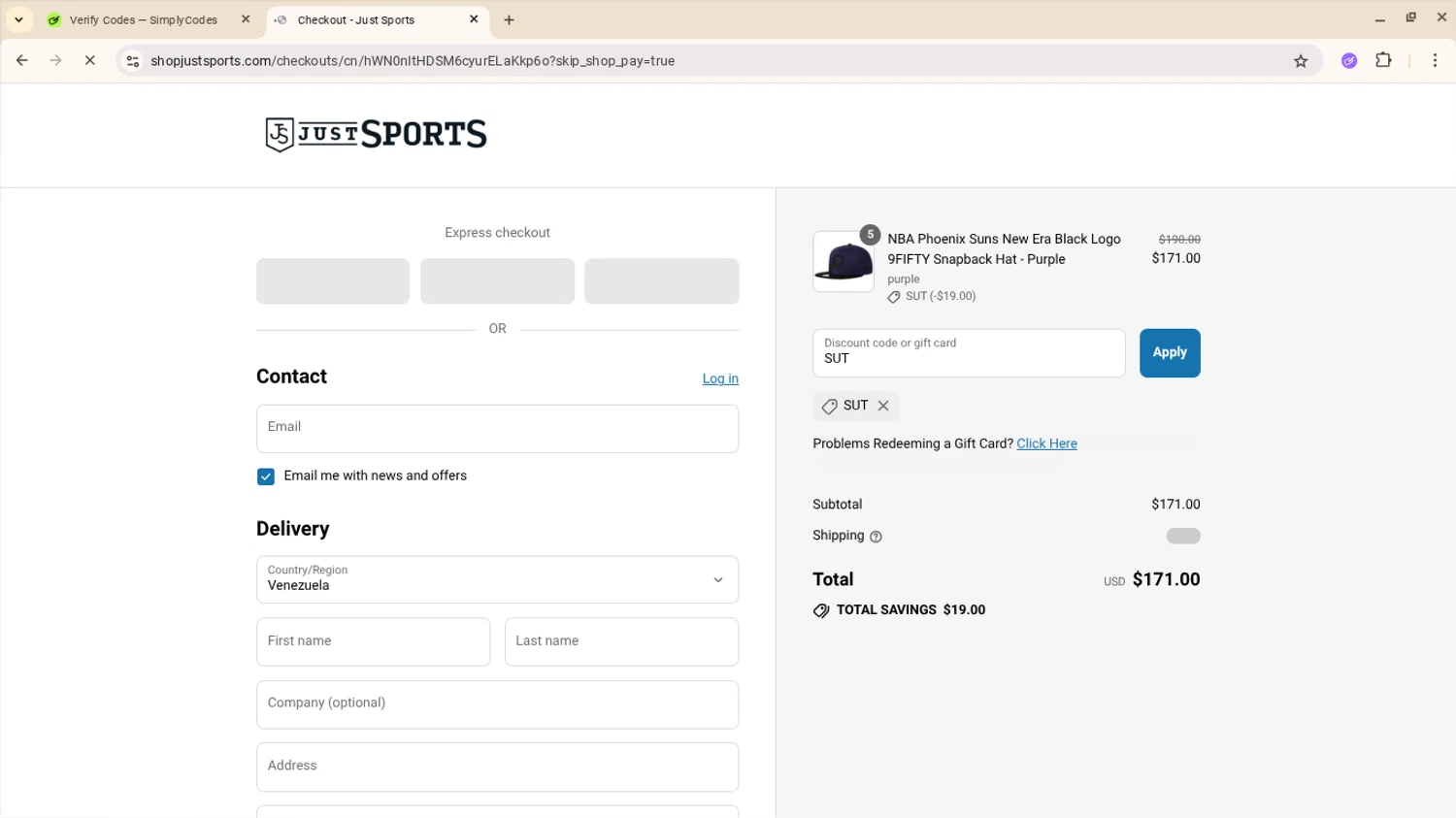 Just Sports promo code screenshot showing code SUT applied at Just Sports checkout page. Uploaded by SimplyCodes community member CRF250CC on Jul 19, 2025