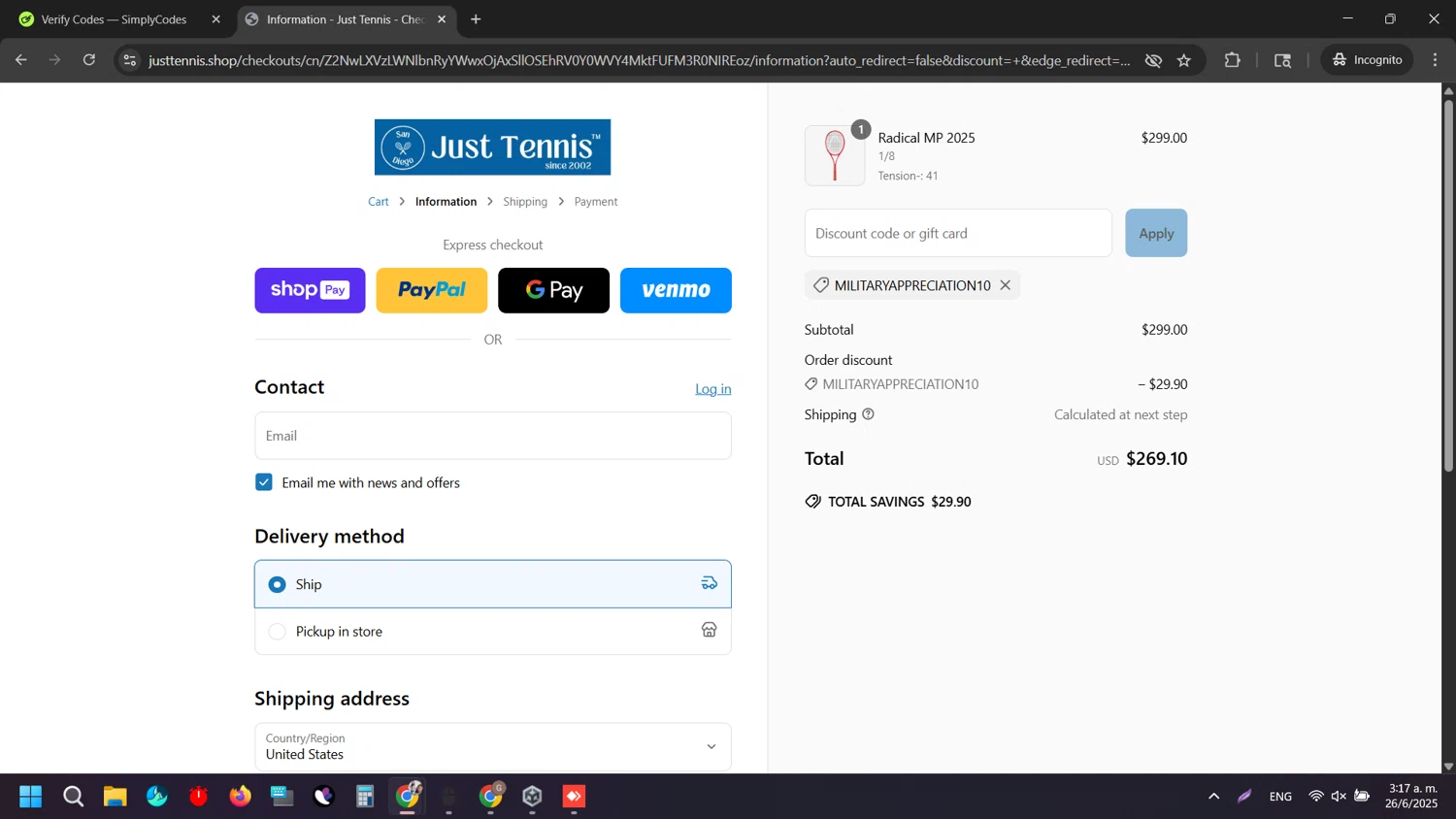 Just Tennis discount code screenshot showing code MILITARYAPPRECIATION10 applied at Just Tennis checkout page. Uploaded by SimplyCodes community member EpicTiger3556 on Jun 26, 2025