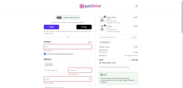 Just Thrive checkout page showing Just Thrive discount code box | Screenshot taken by SimplyCodes community member on Sep 10, 2025
