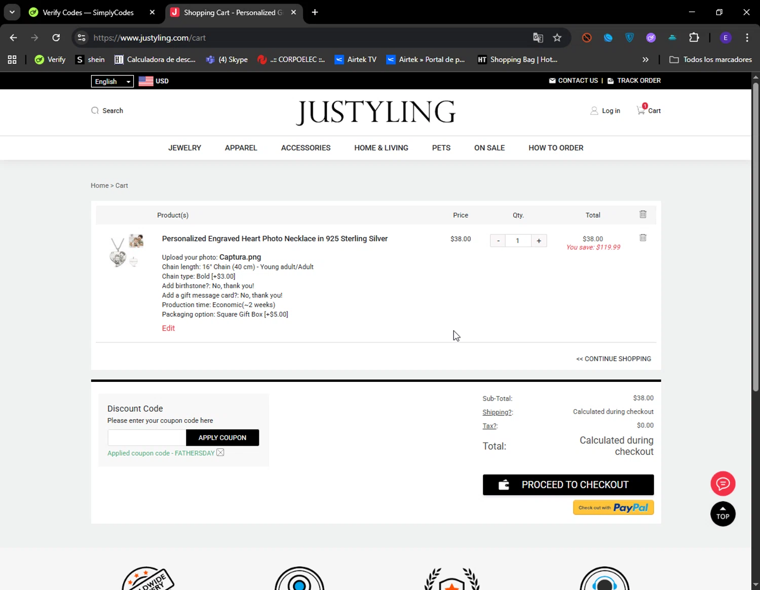 Justyling promo code screenshot showing code FATHERSDAY applied at Justyling checkout page. Uploaded by SimplyCodes community member LuckyFinder274 on Aug 23, 2025