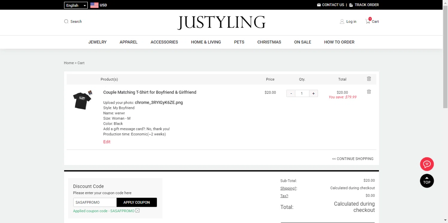 Justyling promo code screenshot showing code SASAFPROMO applied at Justyling checkout page. Uploaded by SimplyCodes community member renegul on Feb 7, 2025