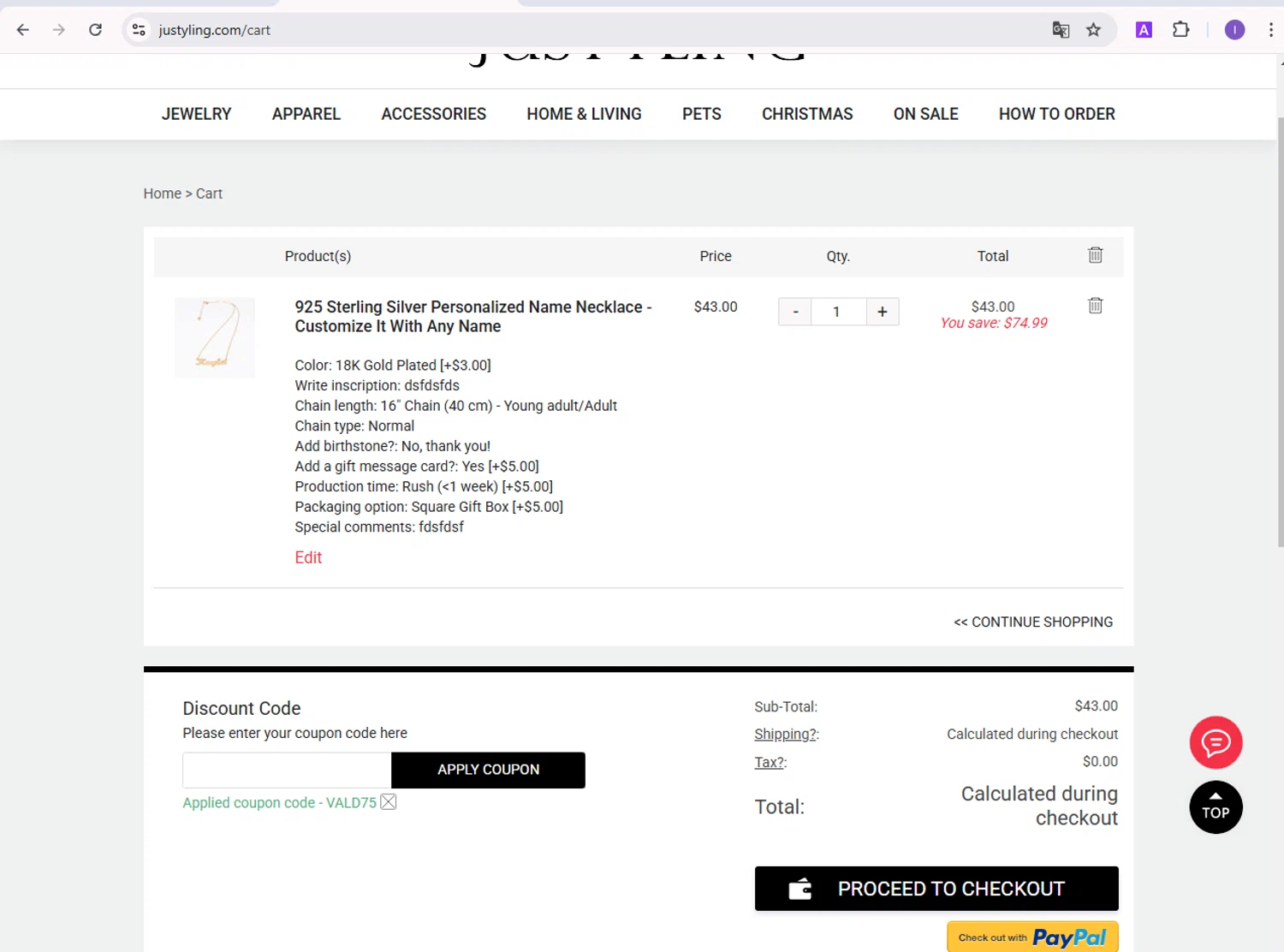 Justyling promo code screenshot showing code VALD75 applied at Justyling checkout page. Uploaded by SimplyCodes community member SilverVirtuoso5948 on Feb 7, 2025