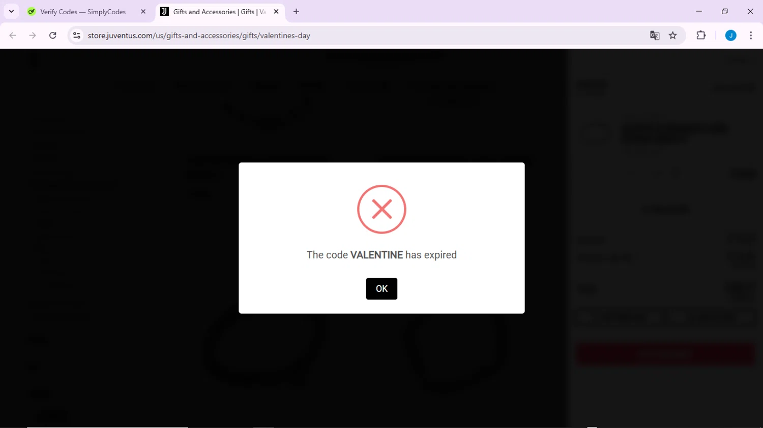 Juventus promo code screenshot showing code Valentine applied at Juventus checkout page. Uploaded by SimplyCodes community member CodeLynx3161 on Mar 7, 2025