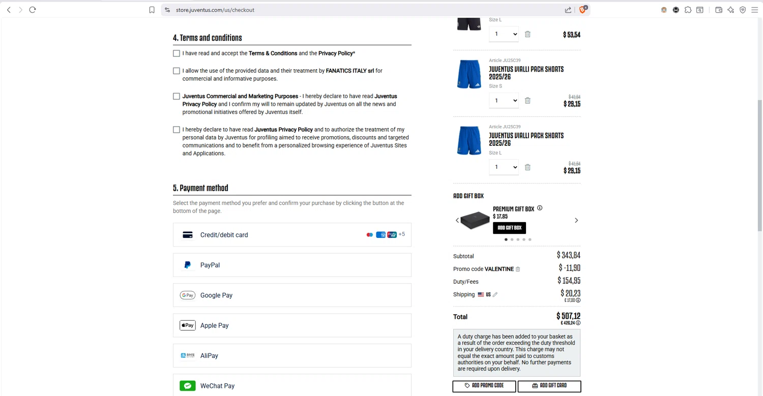 Juventus checkout page showing Juventus promo code box | Screenshot taken by SimplyCodes community member on Feb 11, 2026