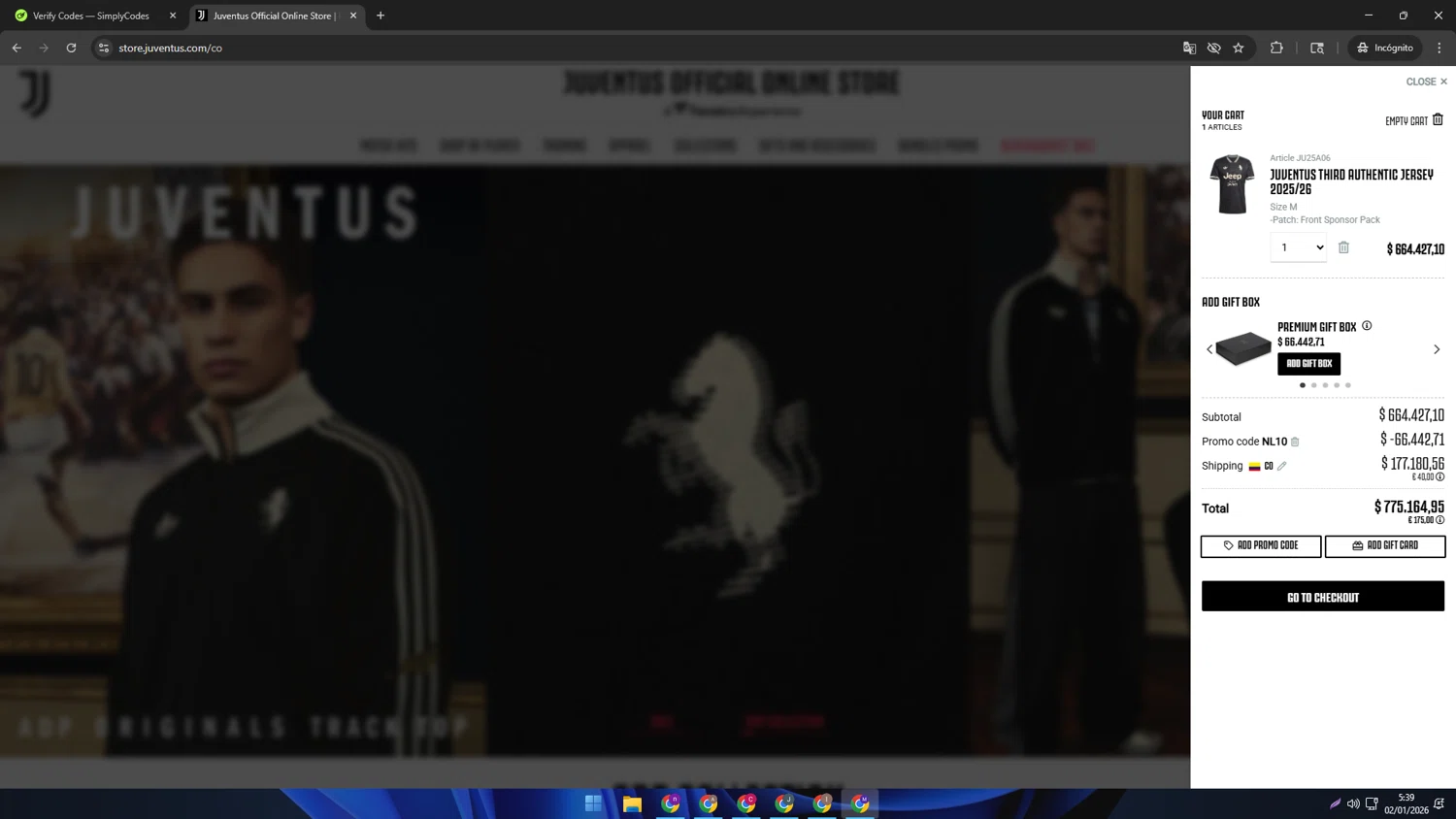 Juventus checkout page showing Juventus promo code box | Screenshot taken by SimplyCodes community member on Jan 2, 2026