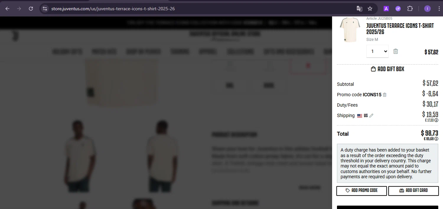 Juventus checkout page showing Juventus promo code box | Screenshot taken by SimplyCodes community member on Nov 25, 2025